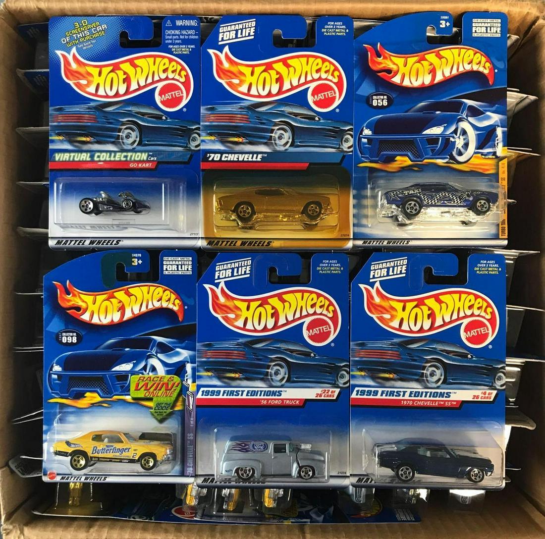 Full shipping box of assorted Hot Wheels die-cast: 82 pieces including 70 Chevelle SS, 56 Ford Truck, Go Kart, and more