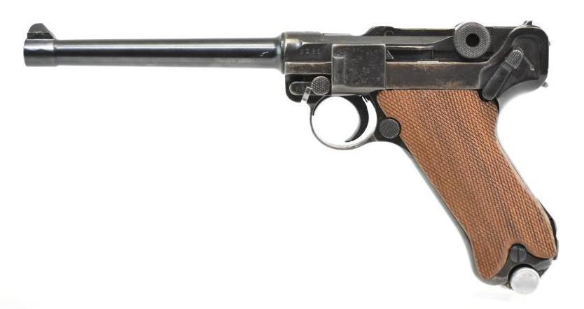 WW1 German 1917 DWM Luger Semi Auto Pistol: Serial Number on barrel 5291, 91 on bolt, 1603 on body, 5960 on magazine, 5 inch barrel