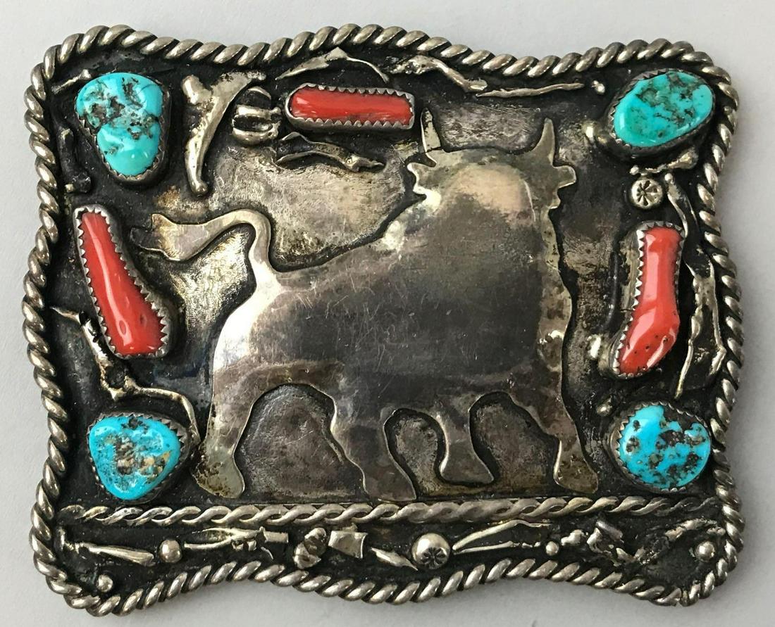Western silver, turquoise, and coral belt buckle: Features Bull silhouette. 3.25x3 inches