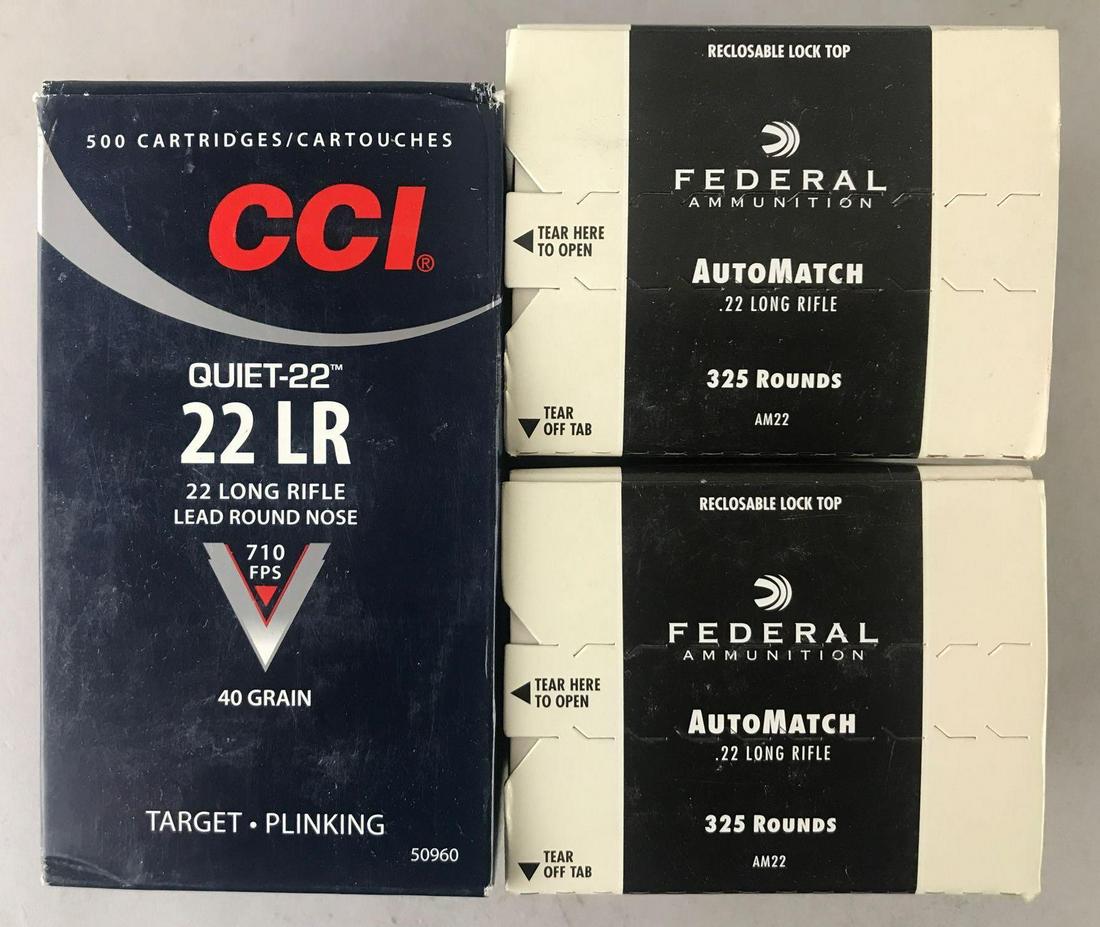 Group of 3 boxes assorted .22 Long Rifle cartridges: Full boxes, (1) CCI Quiet-22 40 Gr Lead Round Nose 710 FPS and (2) Federal AutoMatch 40 Gr Solid 1200 FPS