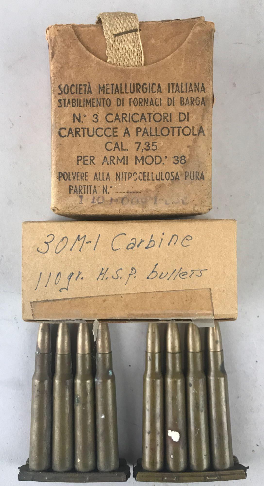 4 piece group of assorted ammunition: Includes 30M-1 Carbine 110 Gr HSP Bullets, 7.35 mm Italian Carcano Ball SMI 939, and more