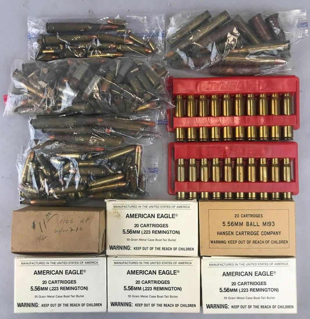 Group of 13 packages assorted boxed and loose: Full and partial boxes, American Eagle 5.56 mm (.223 Remington) 55 Gr Metal Case Boat-Tail Bullet, Hansen Cartridge Company 5.56 mm Ball M193, and more
