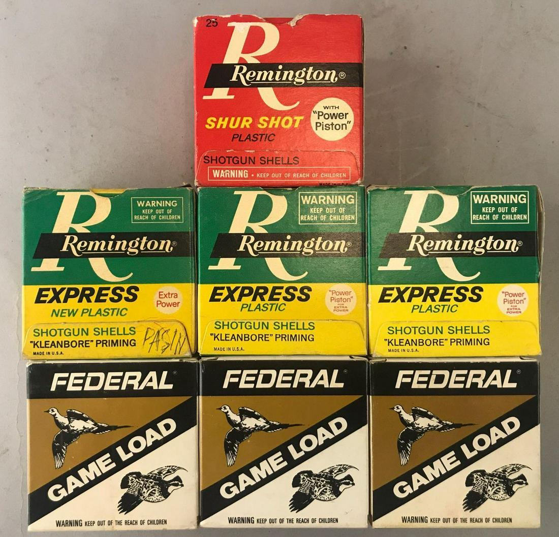 Group of 7 boxes of assorted 20 Ga Shotgun Shells: Full and partial boxes, Federal Game Load 2 1/2 dram equiv 7/8 Oz 6 shot, Remington Express 2 3/4-1-4, Remington Shur Shot 2 1/2-1-8, and more