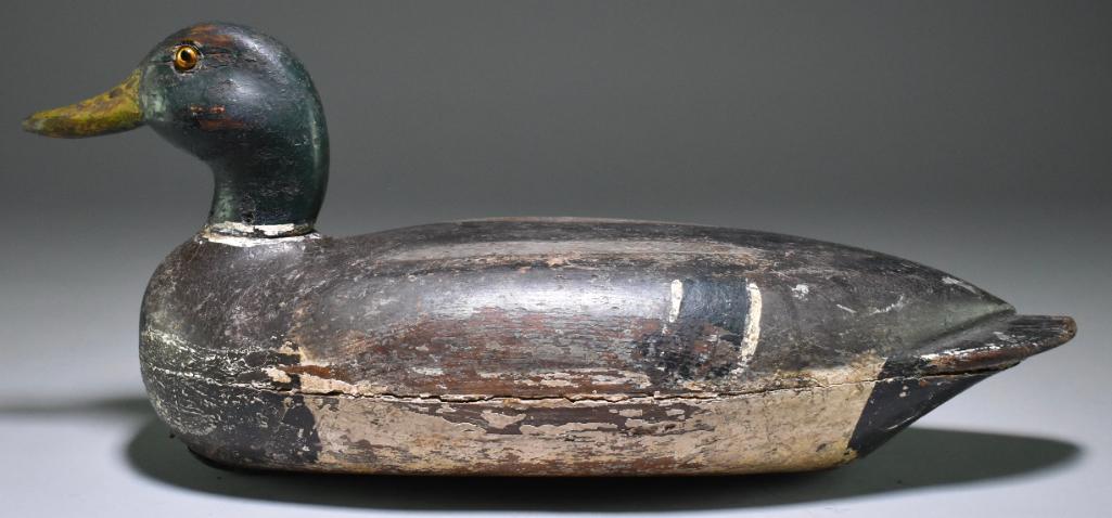 Mallard Drake Duck Decoy: Possibly a Charles Perdew, Henry area carver, circa 1920's. Well used with original weight. Some seam seperation with debris rattling in. Otherwise very solid and heavy construction. Replaced Eyes. 16