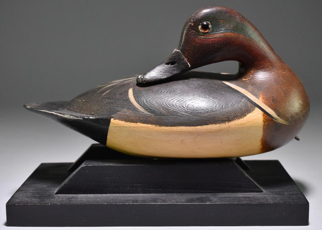 Green Wing Teal Drake Sleeper Duck Decoy: Unknown Carver, Possibly Bud Hinck. Beautiful contemporary sleeper with minor chips. Stand is included. 10 x 5 x 5 1/2 inches