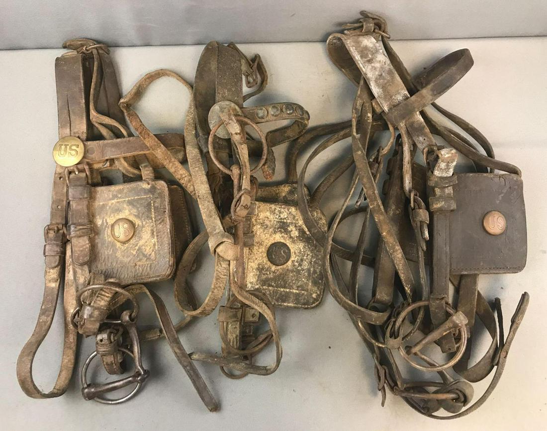 3 piece group US Cavalry Blinder sets: All 3 sets include bits, (1) includes lead. Very weathered