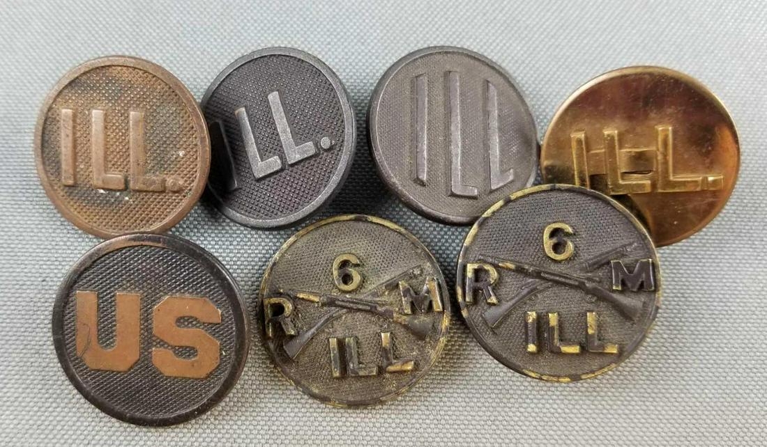 Group of 7 military insignia, collar disks: ILL, US, RM 6 ILL. WW1