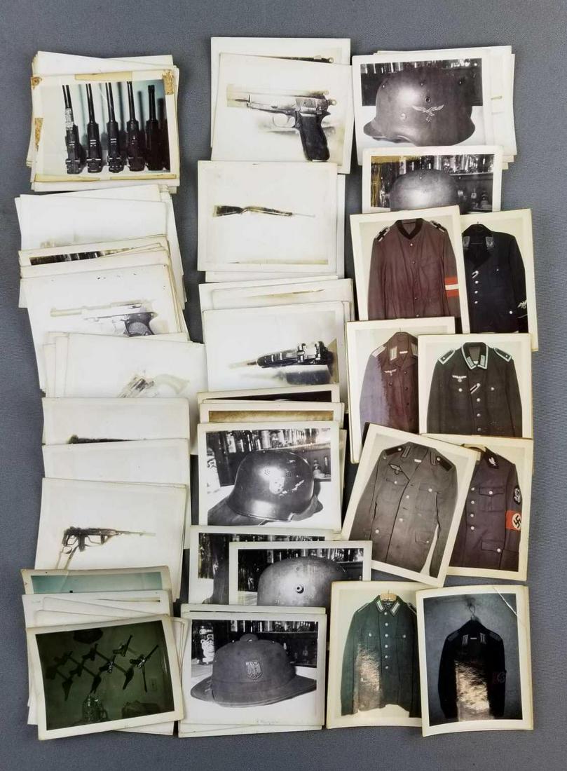 Group of photographs, military uniforms, hats, weapons: Snapshots of various types of guns, helmets and more