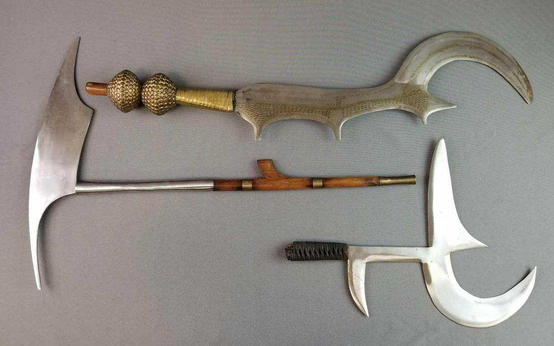 Group of 3 African style blades: Largest is 29 inches, Hunga-Munga throwing knife, Head Hunters axe, Executioners sword
