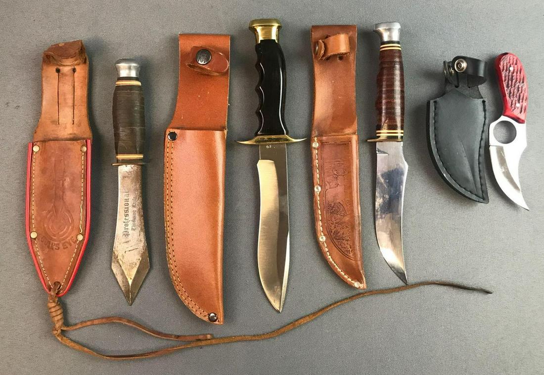 Miscellaneous knife set: Cat Skinner = 6 inches total length, Hunting knife = 9.5 inches total length, Muela Spanish Commando knife = 10.5 inches total length, Professional Throwing Knife = 9 inches total length.