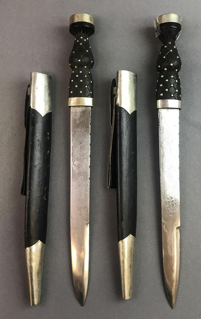 Dirk Scottish set: Each measures 17.25 inches total length without sheath, 19 inches total length with sheath.