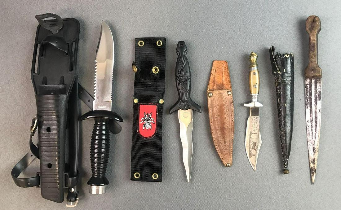 Miscellaneous Knife Set: Vintage Wood Handle knife = 11 inches total length, Mexican Souvenir knife = 7.5 inches total length, Tarantula Kriss Boot knife = 9 inches total length, Skindiverâ€™s knife = 10.75 inches total 