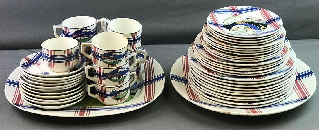 Set of Ramuntcho China: Set includes 1 - 13 inch serving bowl, 10 - 9.5 inch dinner plates, 5 - 8.5 inch salad plates, 7 - 7 inch dessert plates, 4 - 6.5 inch dessert plates, 11 - 6 inch saucers, 10 - tea cups, and 1 - 14x10