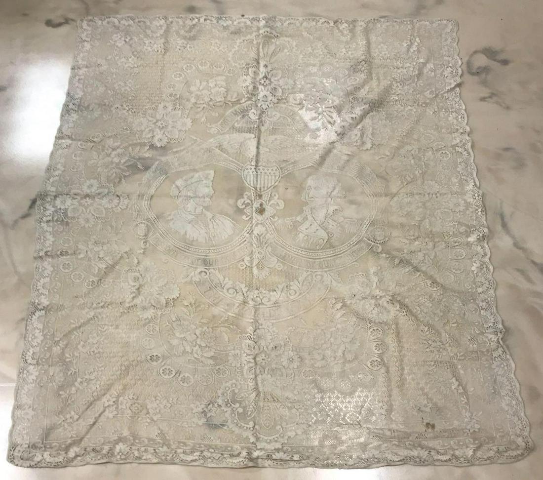 Set of Patriotic Lace Pieces.: Largest piece measures 72 x 64 inches, smaller pieces measure 33 x 26 inches. Patriotic theme, Columbus/Washington.