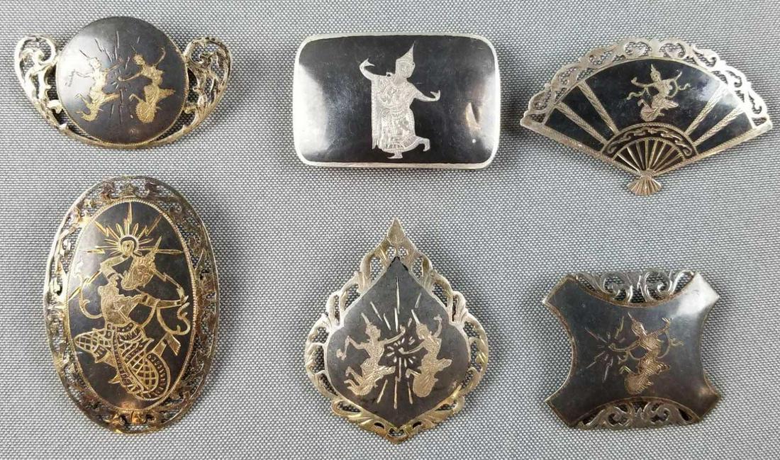 Group of sterling silver Siam dancers pins and buckle (1 of 5)