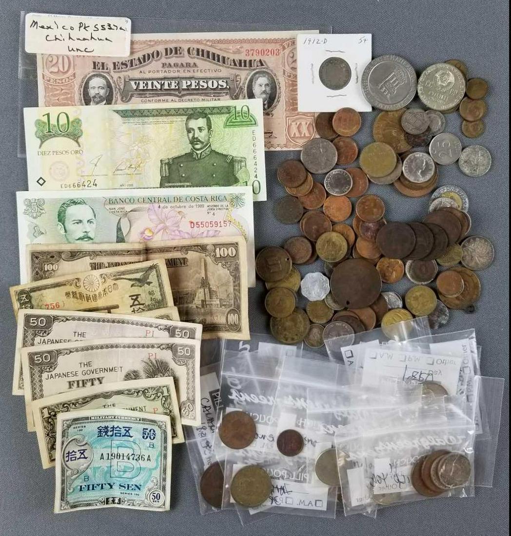 Group of foreign and US coins and bills (1 of 3)