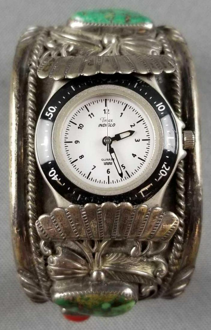 Native American/Mexican sterling cuff watch: Sterling with natural stones. Marked H Harvey