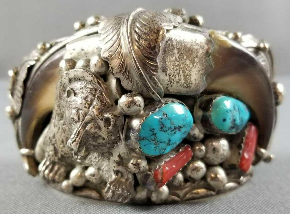 Vintage sterling cuff with turquoise, coral, claws (1 of 5)