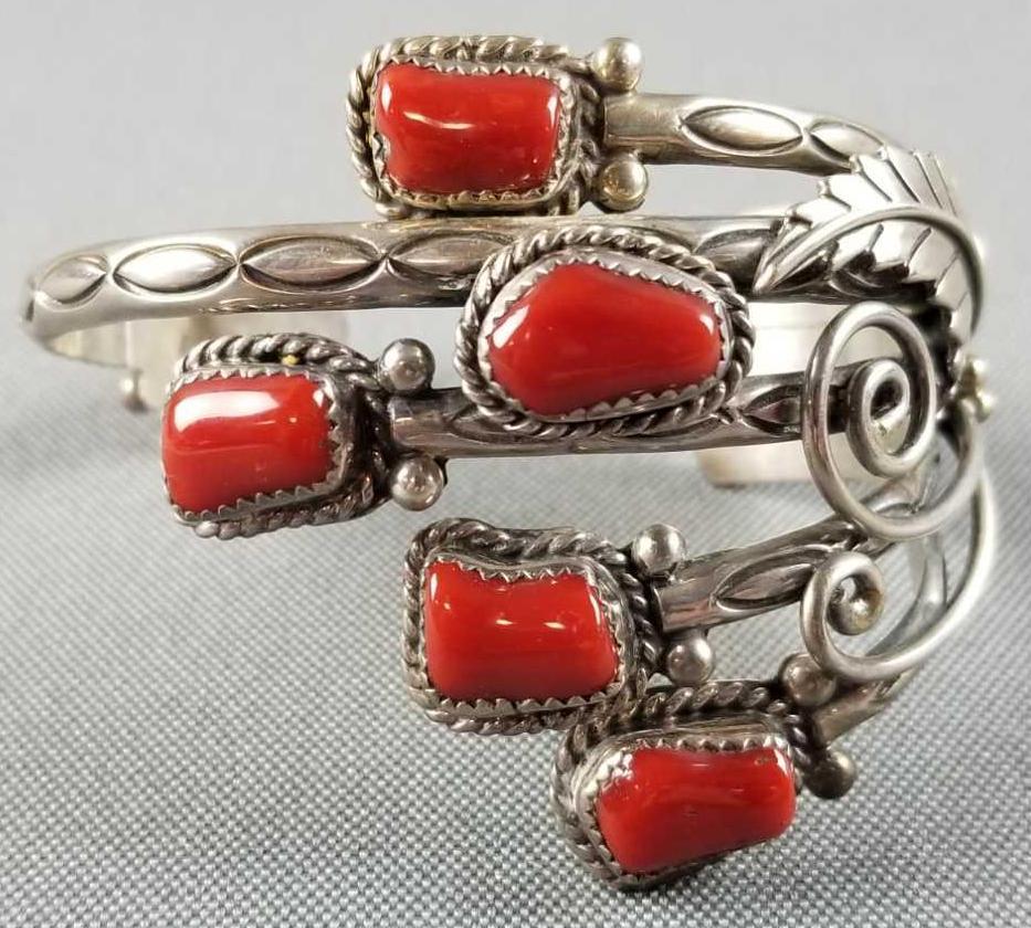 Native American sterling silver coral cuff bracelet (1 of 4)