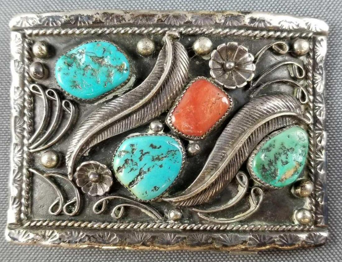 Native American sterling silver belt buckle: Turquoise and coral