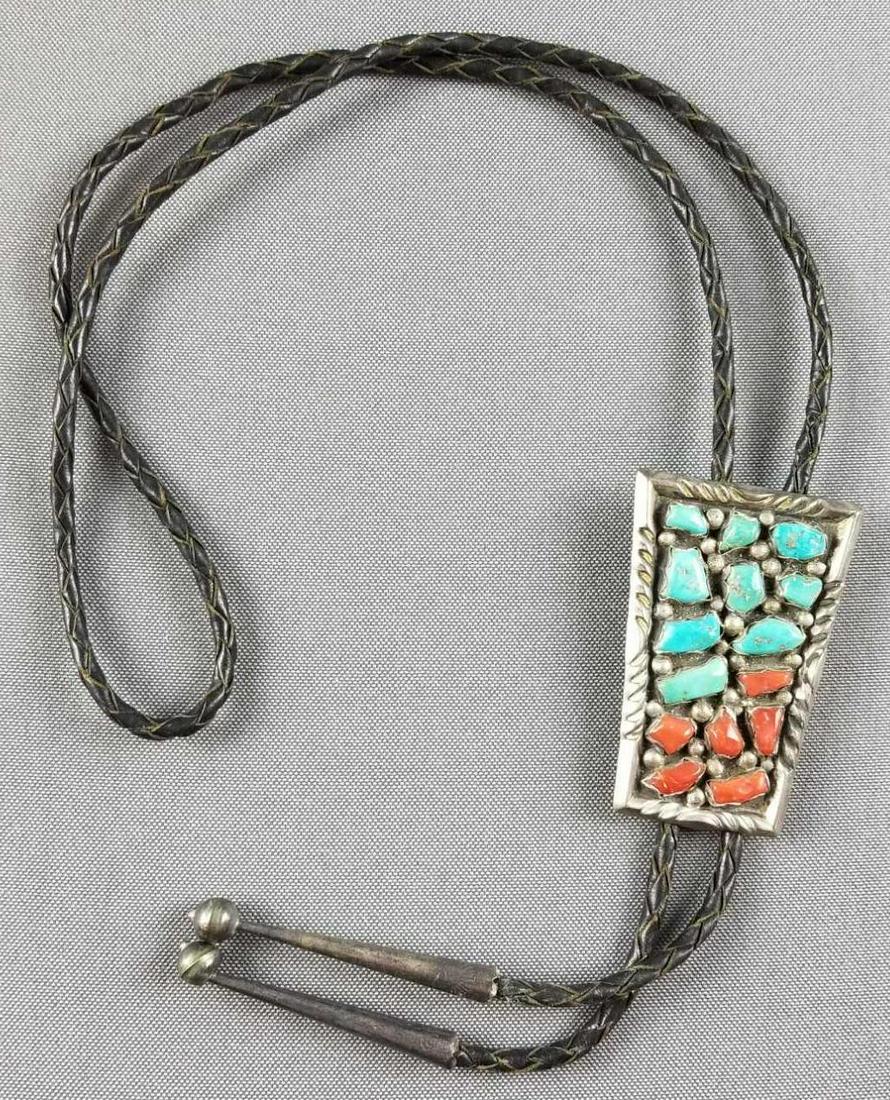Native American bolo tie with turquoise and coral (1 of 2)