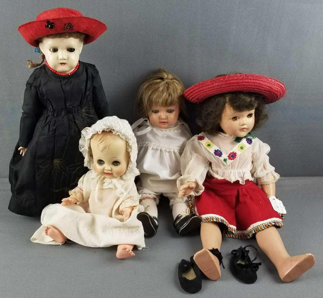 Group of 4 vintage dolls: Composition, bisque, plastic. Includes Heubach, Effanbee, all have wear or damage