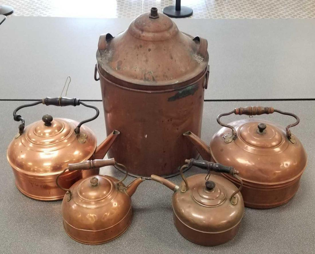 Group of vintage copper kettles and pot (1 of 6)