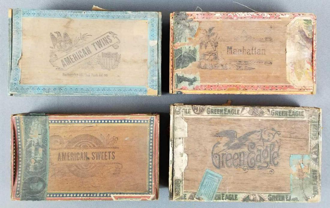 Group of 4 patriotic cigar boxes: American Twins, American Sweets, Manhattan, Green Eagle. One lid is not attached