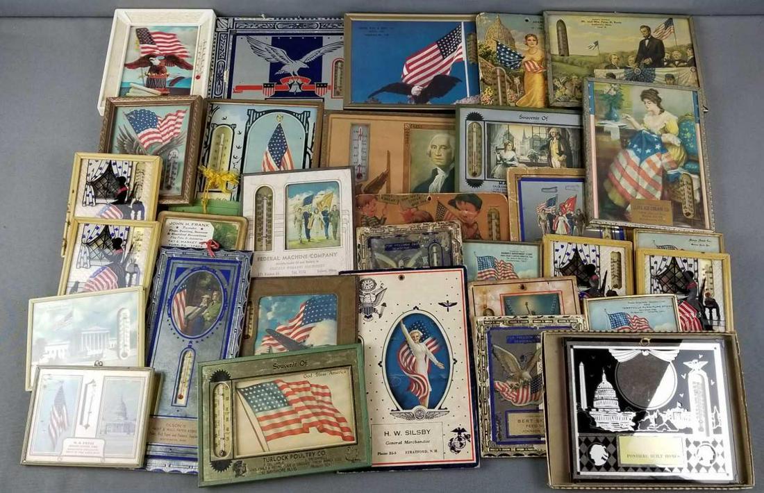 Group of 25+ patriotic advertising thermometers: Some have calendars
