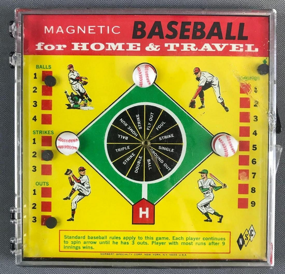 Magnetic Baseball for Home and Travel game: 6x5.75 inches. Includes (3) magnetic baseball markers and (4) magnetic stats markers. Norbert Specialty Corp. New York, NY. Some wear