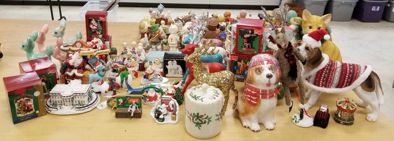 Group of Christmas decor, ornaments and more: Elvis, Coca-Cola, glitter deer, candles and more
