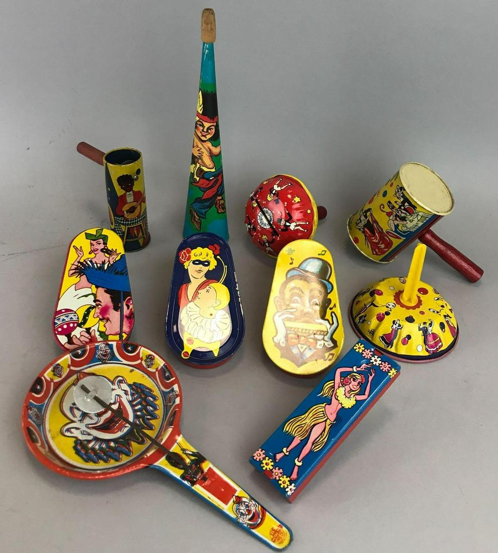 Group of 10 assorted noisemakers: Most tin, some cardboard. Largest is 9 inches