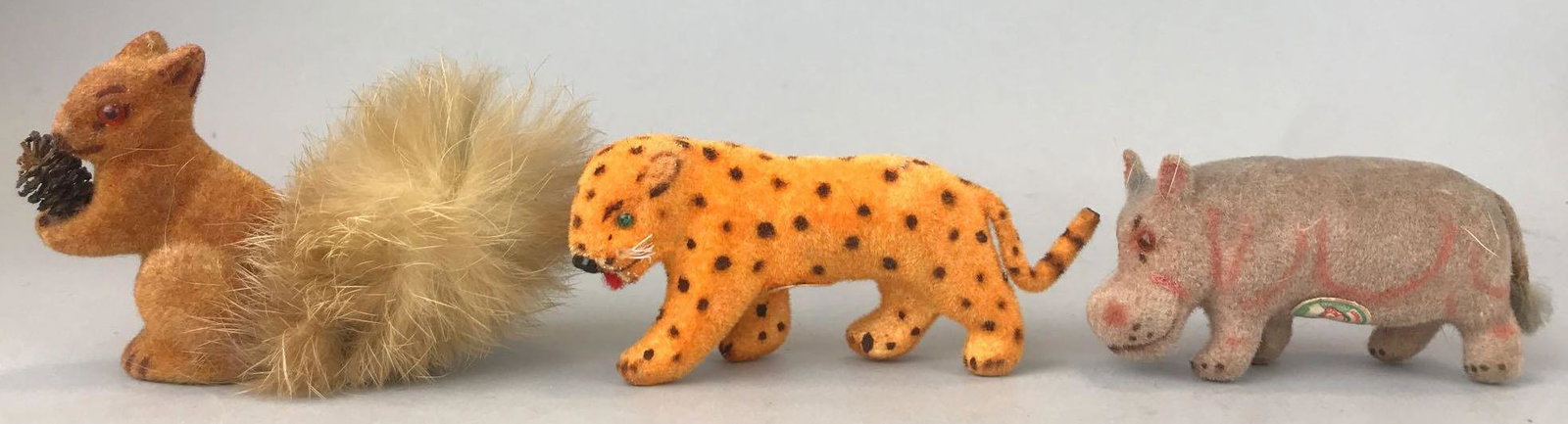 Group of 3 MC Original West Germany Flocked animal: Squirrel, hippo, and cheetah. Largest is 3.75x2.25 inches