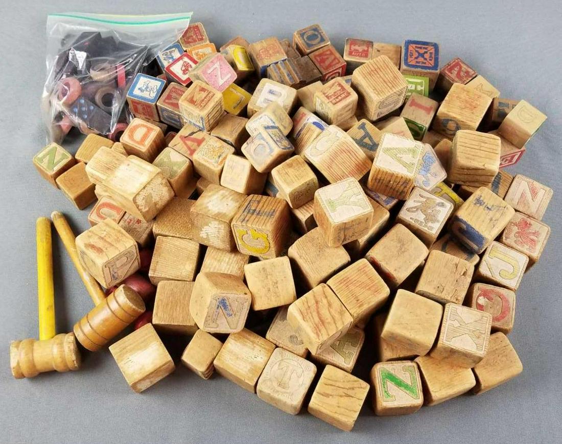 Group of wooden blocks and more: Also includes dominoes, wood toy hammers