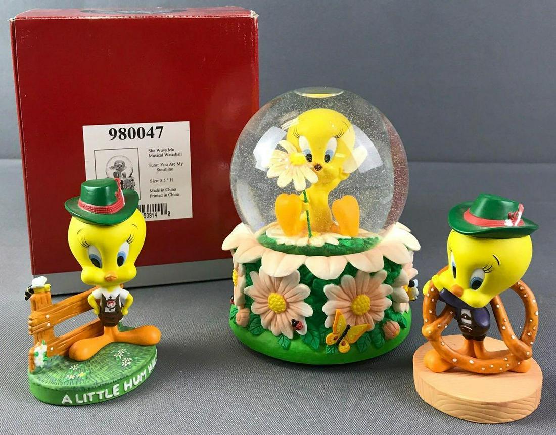 Group of 3 Goebel Tweety Figurines: Includes She Wuvs Me Musical Waterball, A Little Hum Will Do, and Twisty Tweats.