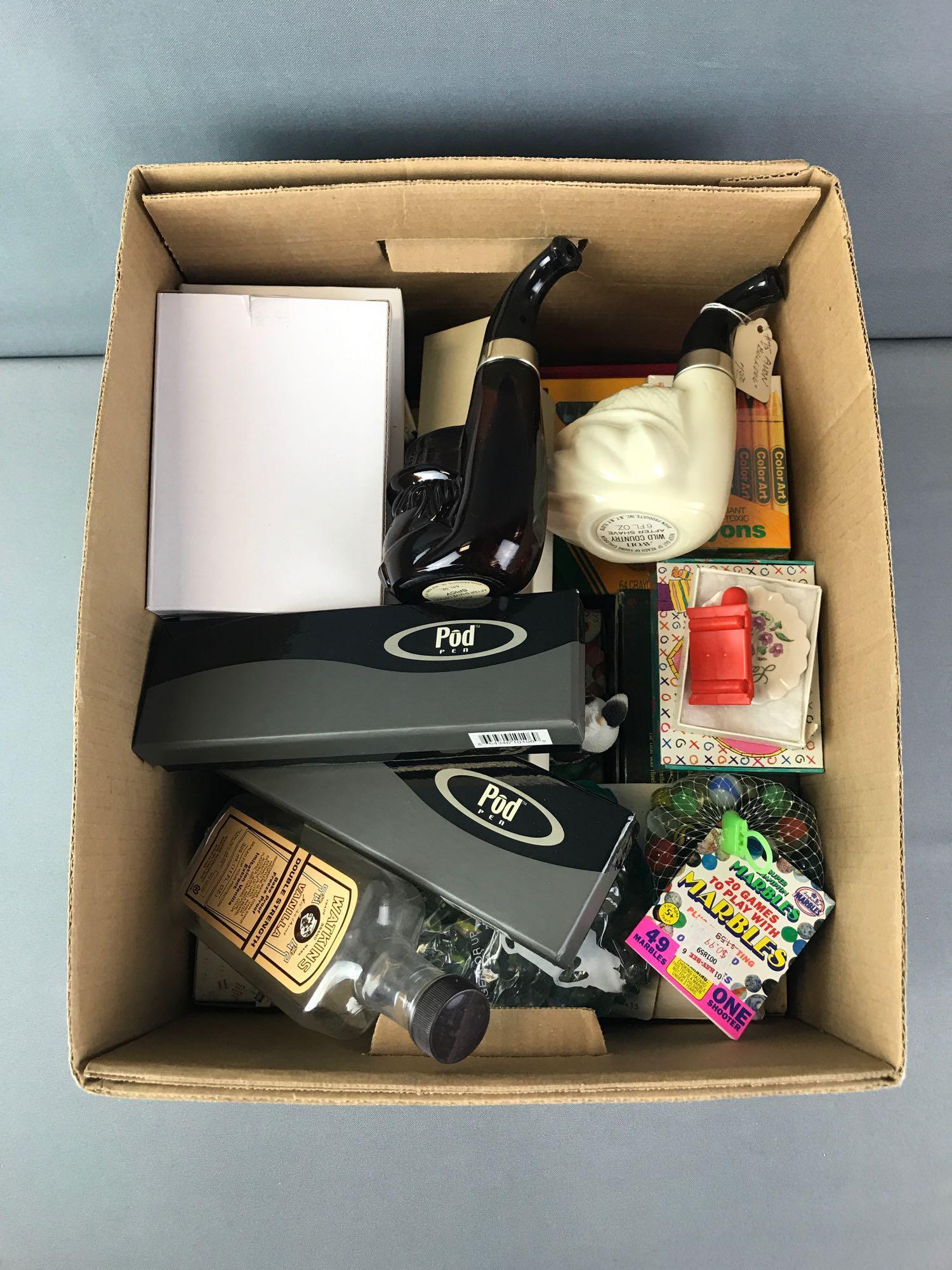 Box of Miscellaneous Items: Includes crayons, pens, marbles and more.