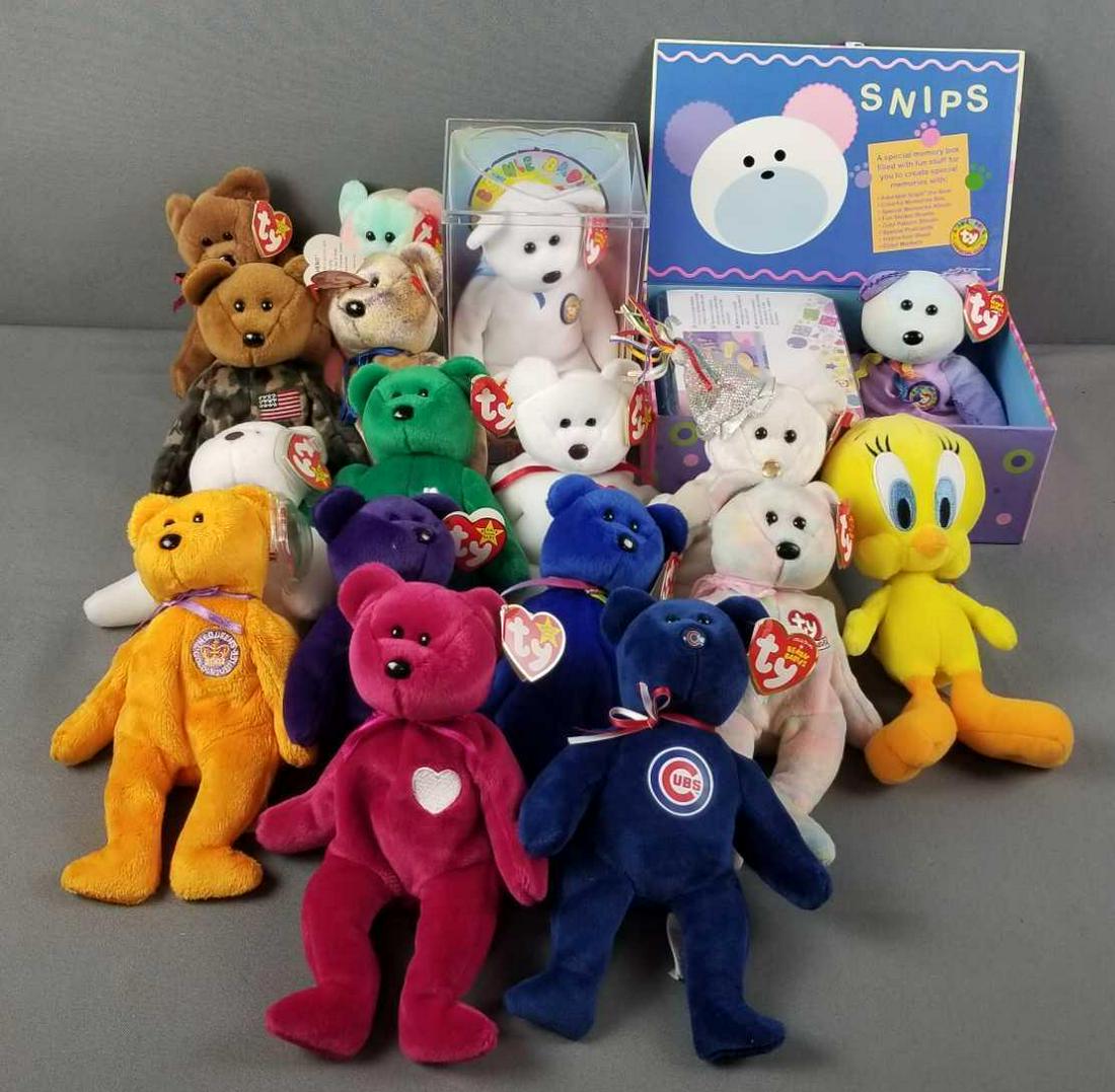 Group of 17 Ty Beanie Babies: Cubs, shamrock, military, and more.