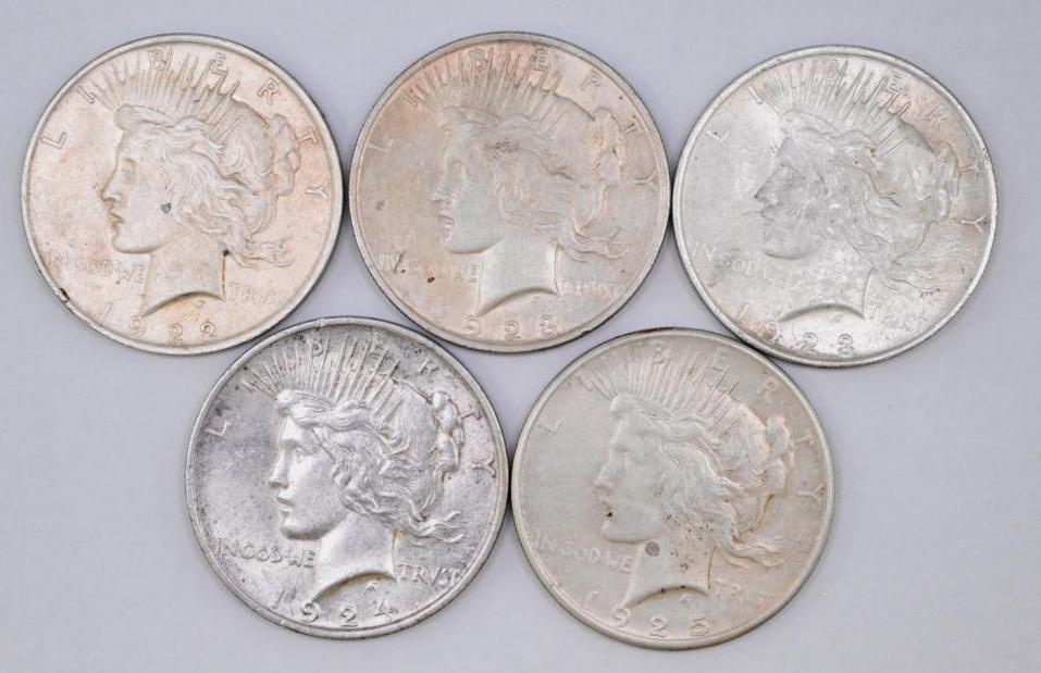 Group of (5) Peace Silver Dollars (1 of 2)