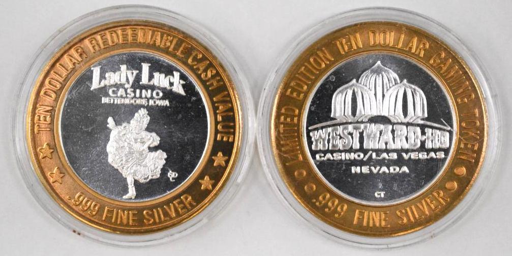 Group of (2)  Ten Dollar  999 Fine Silver Casino Tokens (1 of 2)