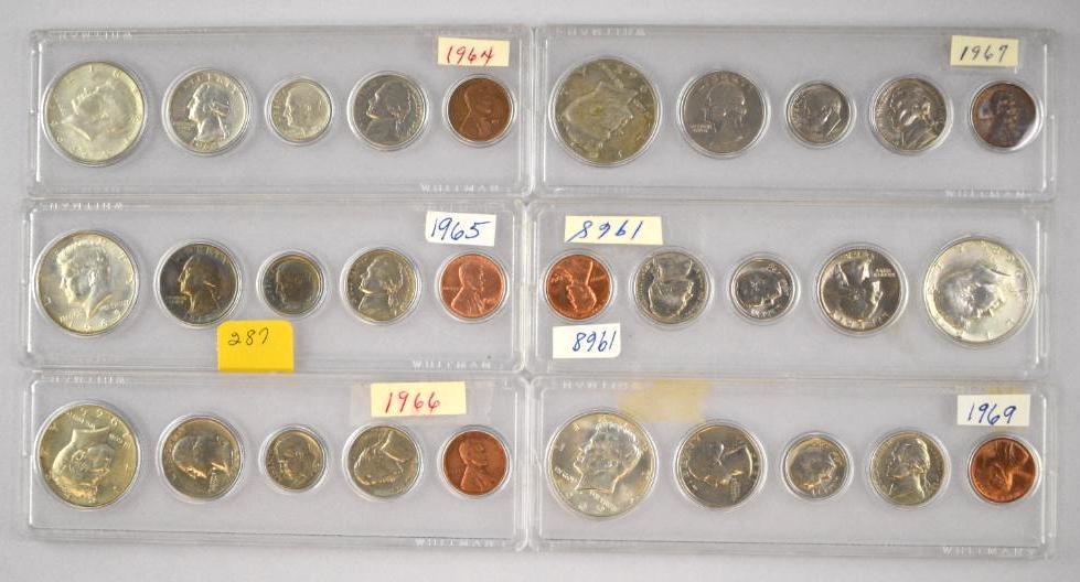Group of (6) U.S. Date Sets Cent to Half Dollar: Includes 1964, 1965, 1966, 1967, 1968 & 1969.
