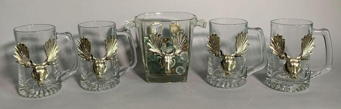 Group of 5 moose glass mugs and ice bucket: Bucket measures 7 1/2 x 5 x 6 inches