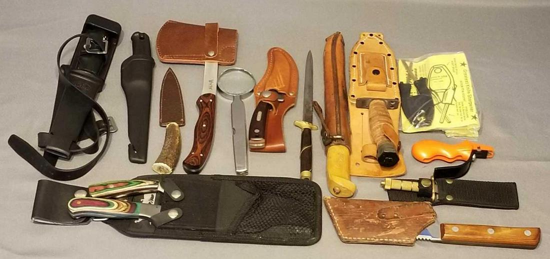 Group of knives, hatchet, and more: Magnifying glass, knife sharpener
