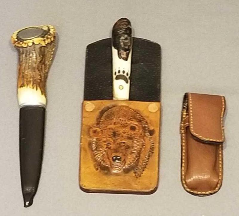 Group of 3 knives and sheaths: Antler handle, fixed blade, pocket knife. Longest is 8 inches