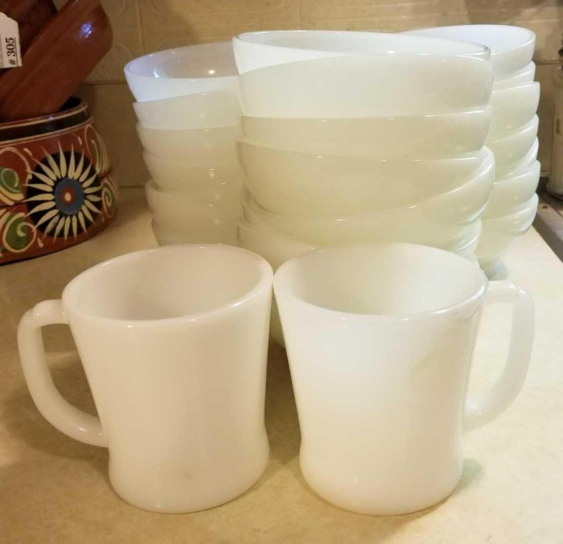 Fire King milk glass bowls and mugs: 2 D handle mugs, 22 bowls (4 7/8 inch diameter)