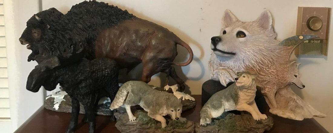 Group of 5 assorted animal figures: Buffalo, Moose, and Wolves. Polyresin, largest is appx 15x5x9.75 inches