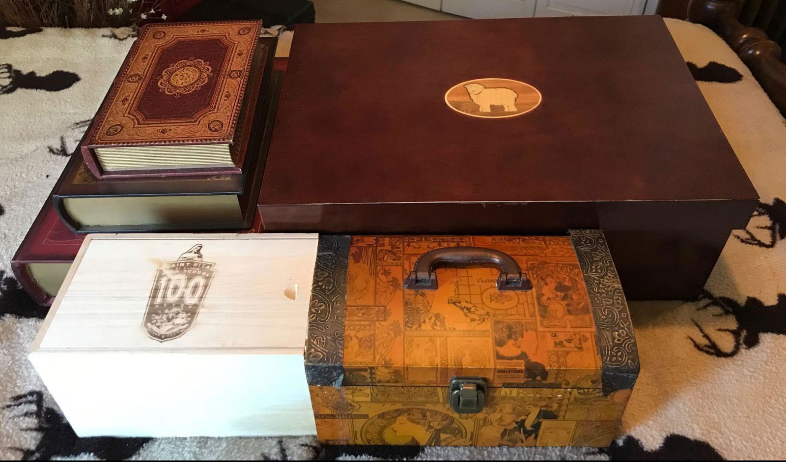 Group of 6 assorted decorative boxes: Largest is 20.5x14x7.75. Largest and Book style boxes are empty. Remaining two hold pens, pencils, notebooks, and more