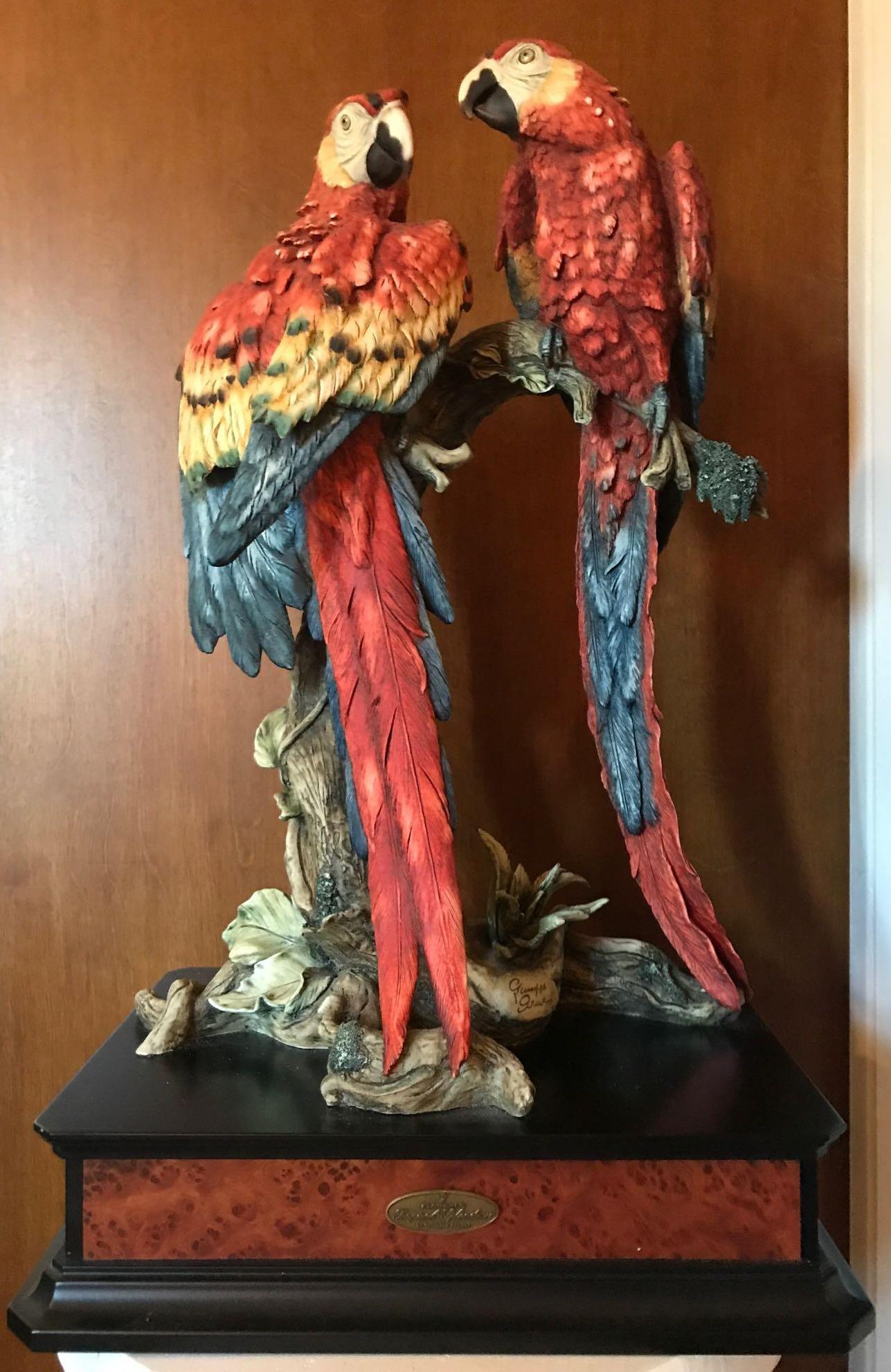 Limited Edition Giuseppe Armani Tropical Splendour: Featuring (2) Scarlett Macaws on branch. Measures 16x12x26 inches. 70/1500