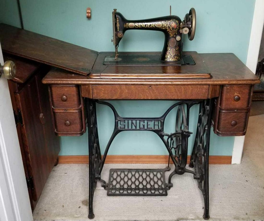 Antique Singer sewing machine: No shipping or transportation. 35 x 17 x 28 (closed). PICK UP FOR THIS ITEM IS ONLY AVAILABLE ON FRIDAY FROM 10AM-6PM AND SATURDAY FROM 10AM-4PM BY APPOINTMENT ONLY