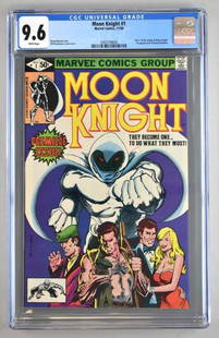 CGC Graded Marvel Comics Moon Knight No. 1 comic book: CGC Universal Grade 9.6, White pages. November 1980. Doug Moench story, Bill Sienkiewicz cover and art. Part 1 of the origin of Moon Knight, 1st appearance of Raoul Bushman. Bronze Age, $.50