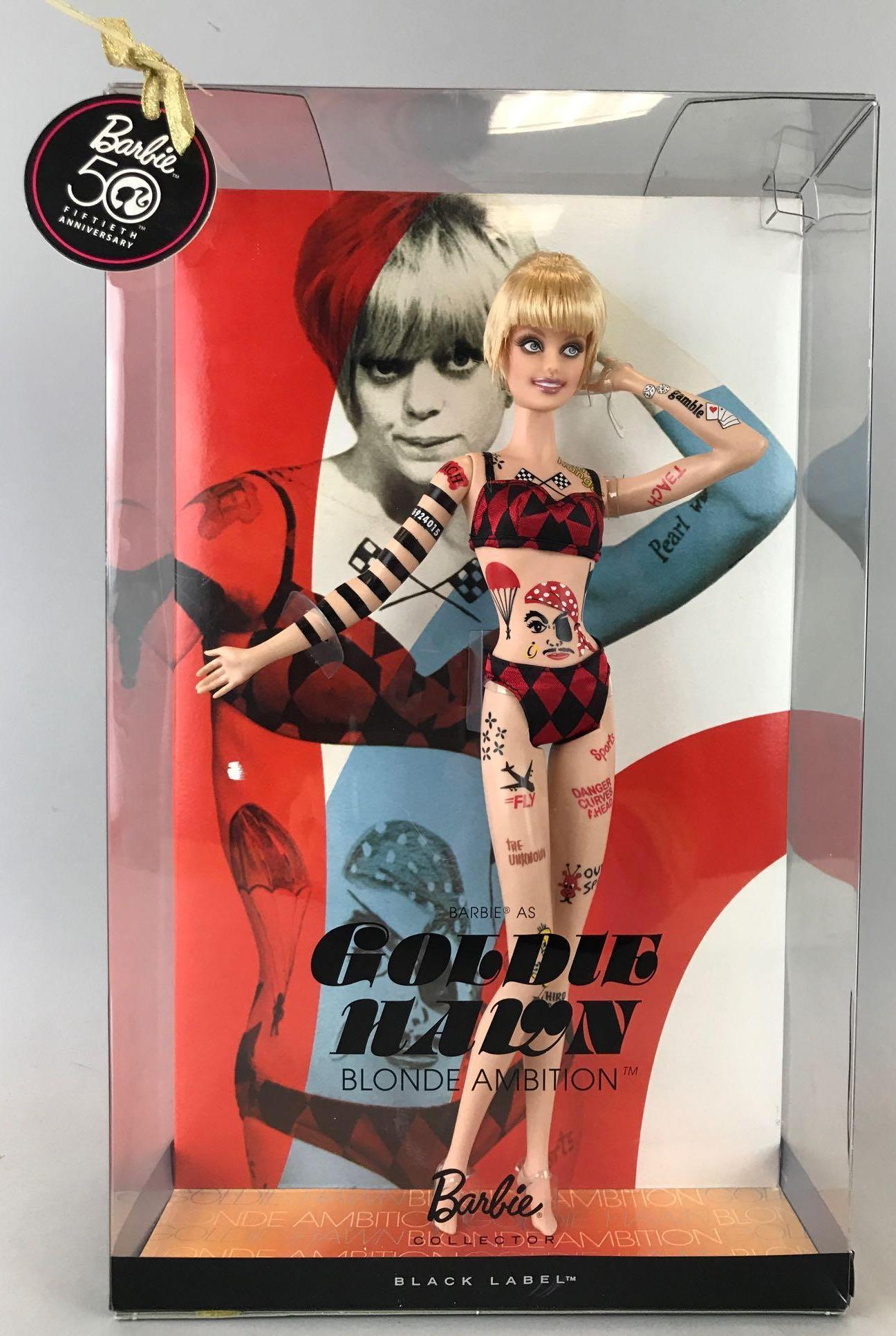 Black Label Barbie Goldie Hawn Blonde Ambition fashion: 11.5 inch doll wears Checkered bikini and body paint from Laugh-In The Mod, Mod World sketch. New in original packaging